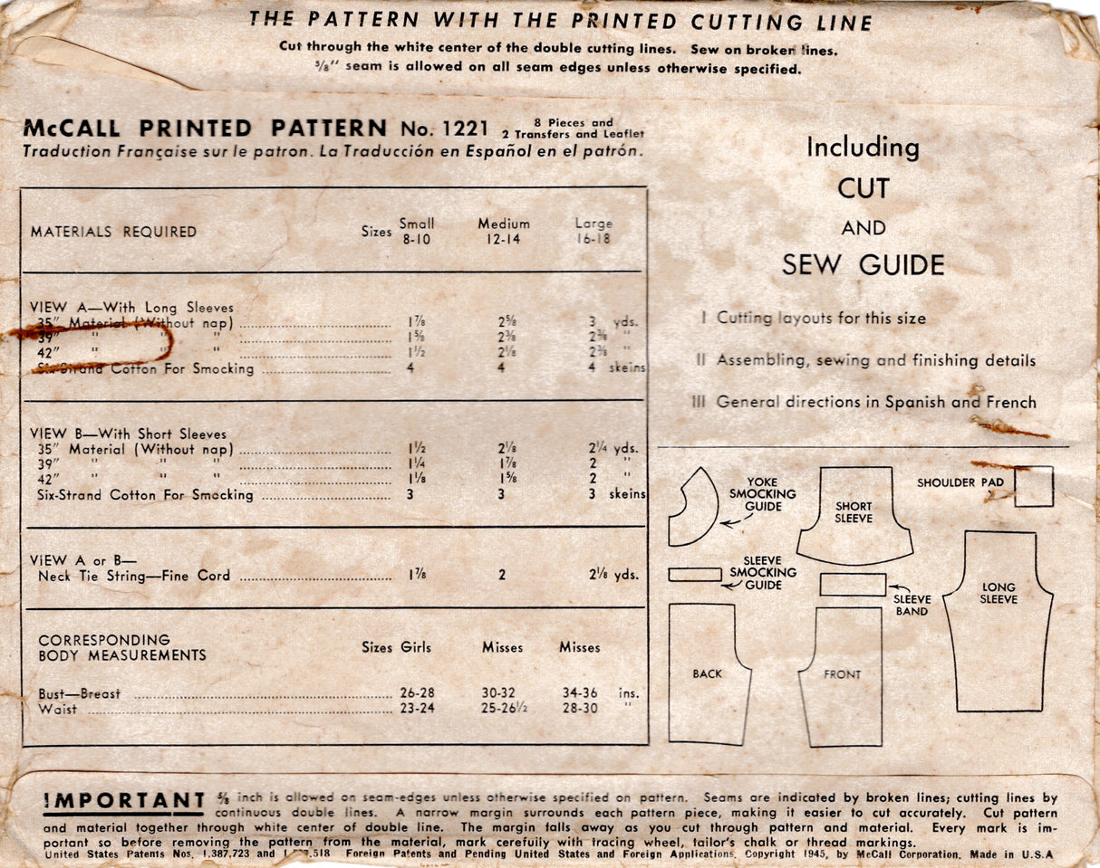 1940's McCall Child's Smocked Blouse Pattern - Chest 26-28" - No. 1221