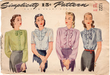 1940's Simplicity Button up Blouse Pattern with large ruffle accent - Bust 36" - No. 1222