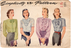 1940's Simplicity Button up Blouse Pattern with large ruffle accent - Bust 36" - No. 1222