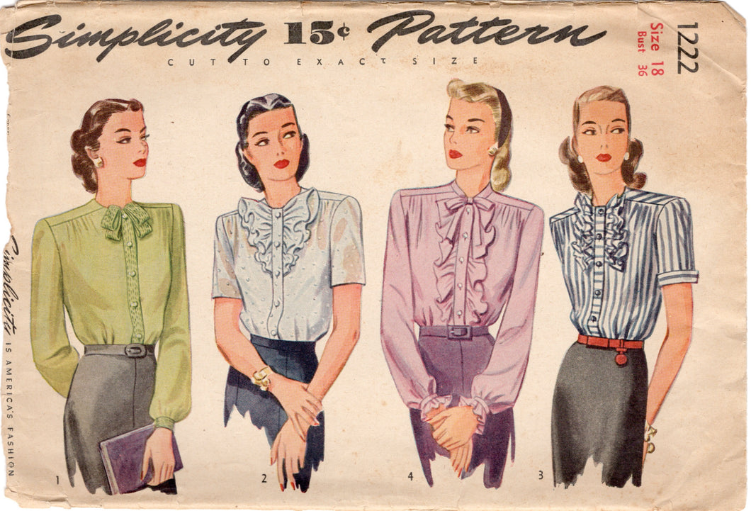 1940's Simplicity Button up Blouse Pattern with large ruffle accent - Bust 36