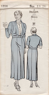 1930's New York One Piece Dress Pattern with Jabot Collar and Inset Vestee - Bust 36" - No. 1226