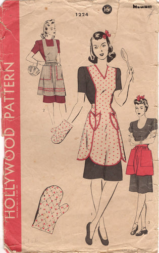 1940's Hollywood Half or Full Apron Pattern with Pockets and Oven Mitt - Bust 36-38