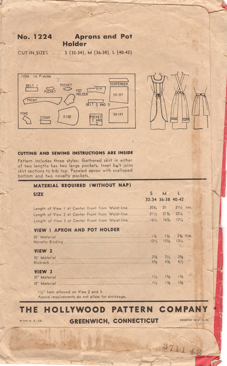 1940's Hollywood Half or Full Apron Pattern with Pockets and Oven Mitt - Bust 36-38" - No. 1224