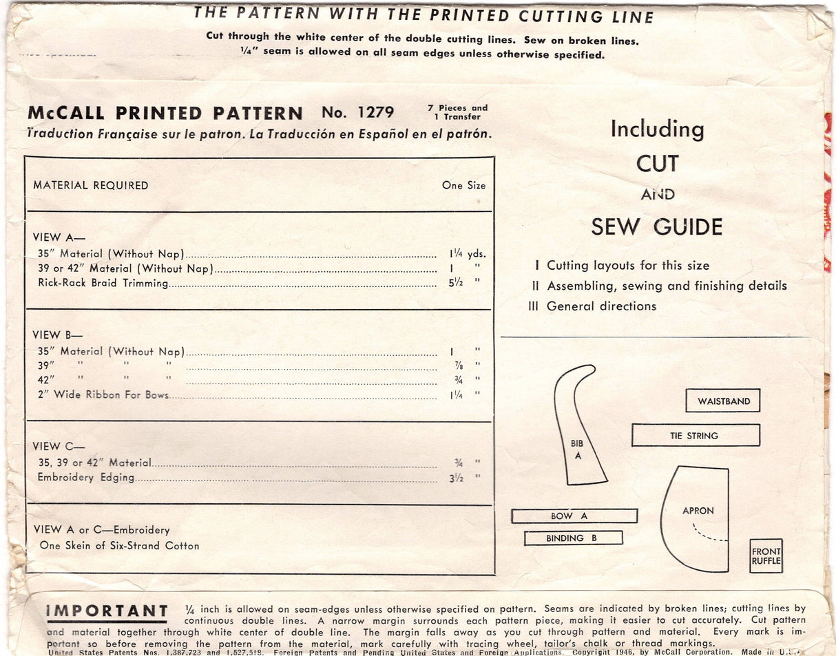 1940’s McCall Full or Half Apron Pattern - One Size - No. 1279