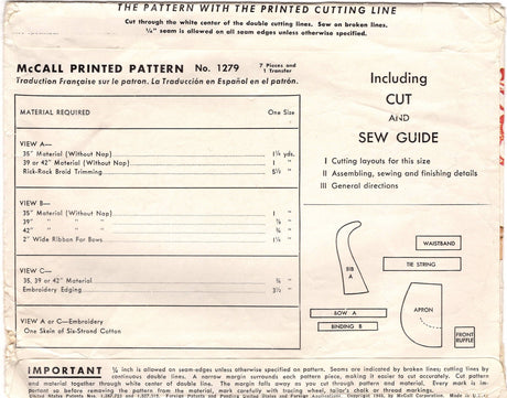 1940’s McCall Full or Half Apron Pattern - One Size - No. 1279