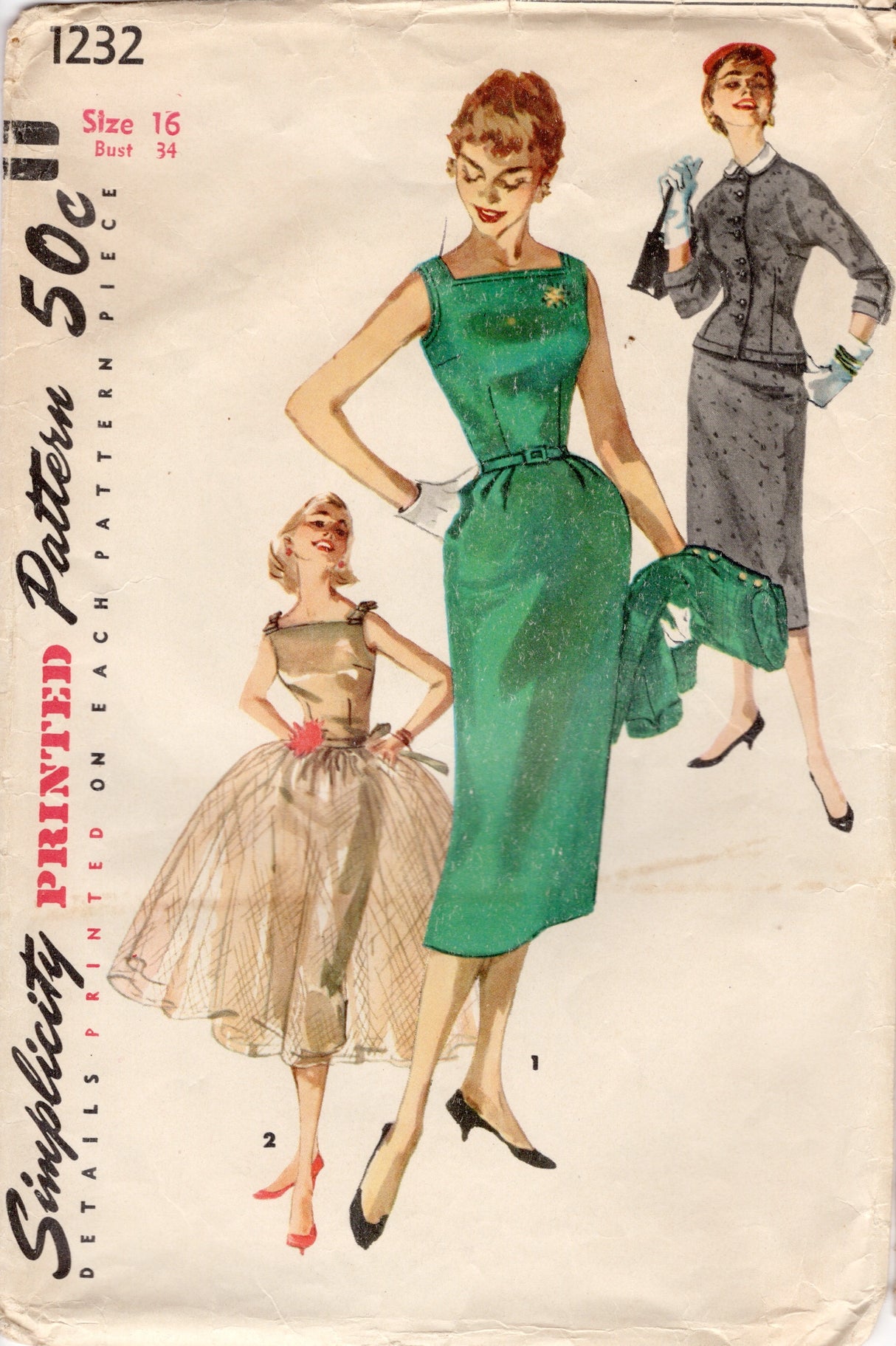 1950's Simplicity One Piece Sheath Dress, Fitted Jacket and Overskirt Pattern - Bust 34" - No. 1232