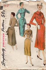 1950's Simplicity One Piece Flared Dress Pattern with Skirt and Collar Accents - Bust 34" - No. 1767