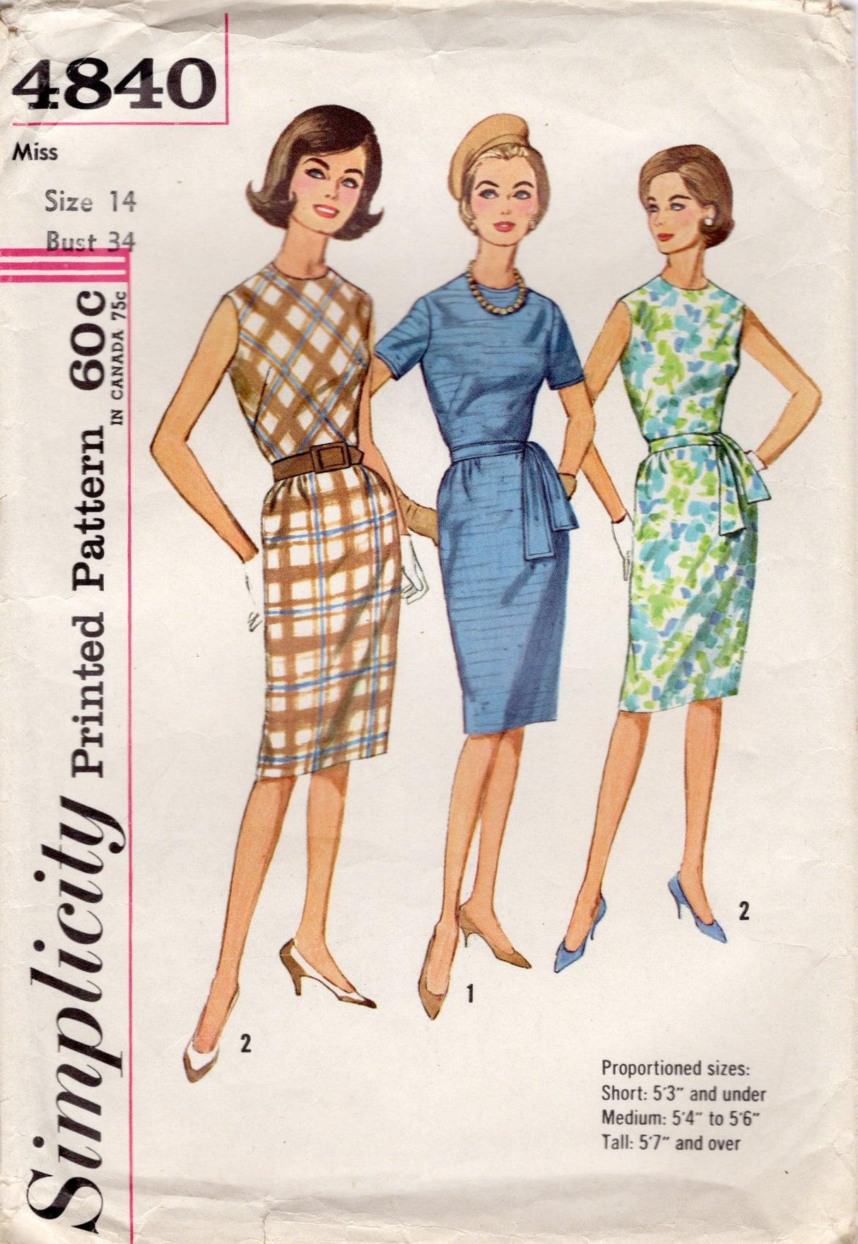 1960's Simplicity Proportioned Sheath Dress Pattern - Bust 34" - No. 4840