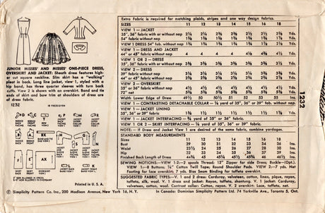 1950's Simplicity One Piece Sheath Dress, Fitted Jacket and Overskirt Pattern - Bust 34" - No. 1232