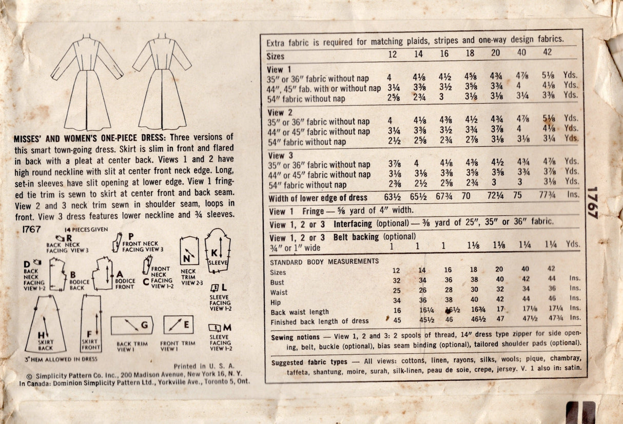 1950's Simplicity One Piece Flared Dress Pattern with Skirt and Collar Accents - Bust 34" - No. 1767