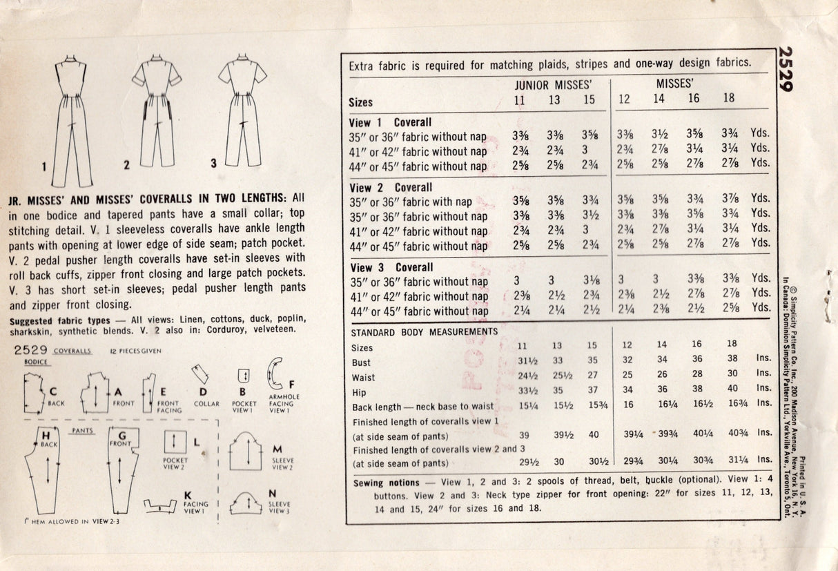 1950's Simplicity Coverall Jumpsuit Pattern – Bust 34” - No. 2529