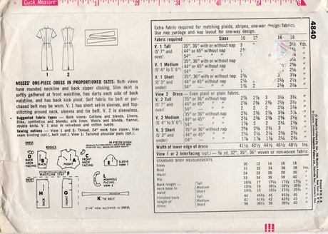 1960's Simplicity Proportioned Sheath Dress Pattern - Bust 34" - No. 4840