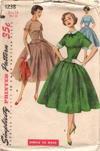 1950's Simplicity One Piece Drop Waist Fit and Flare Dress with High Neckline and Peter Pan Collar - Bust 32" - No. 1238