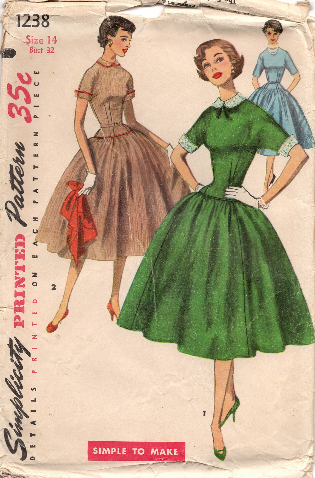 1950's Simplicity One Piece Drop Waist Fit and Flare Dress with High Neckline and Peter Pan Collar - Bust 32