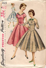 1950's Simplicity Drop Waist One-Piece Dress pattern with high or V neck line - Bust 30" - No. 1323