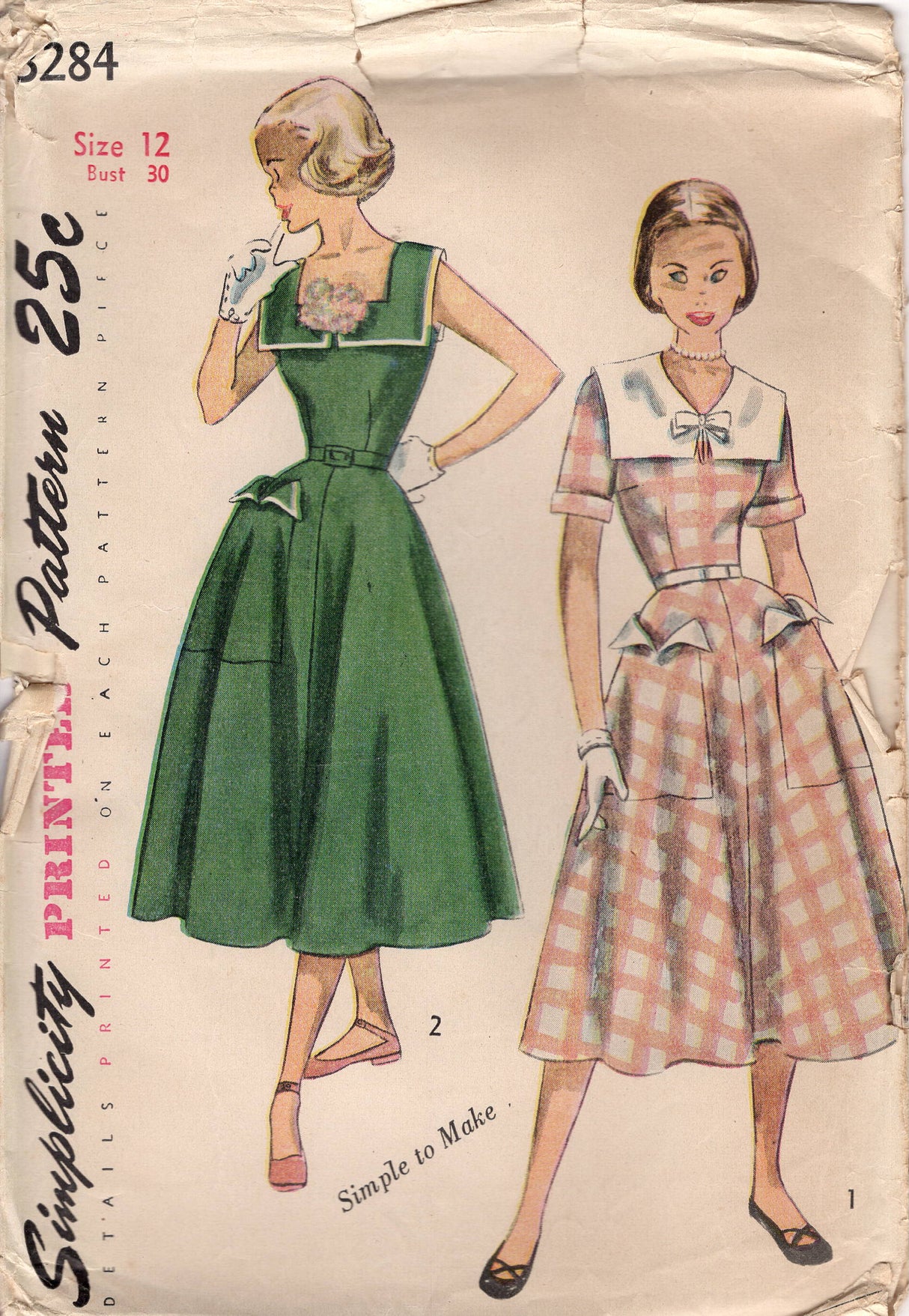 1950's Simplicity One Piece Fit and Flare Dress with Square or Scoop Neckline with Large Collar and Large Pockets - Bust 30" - No. 3284