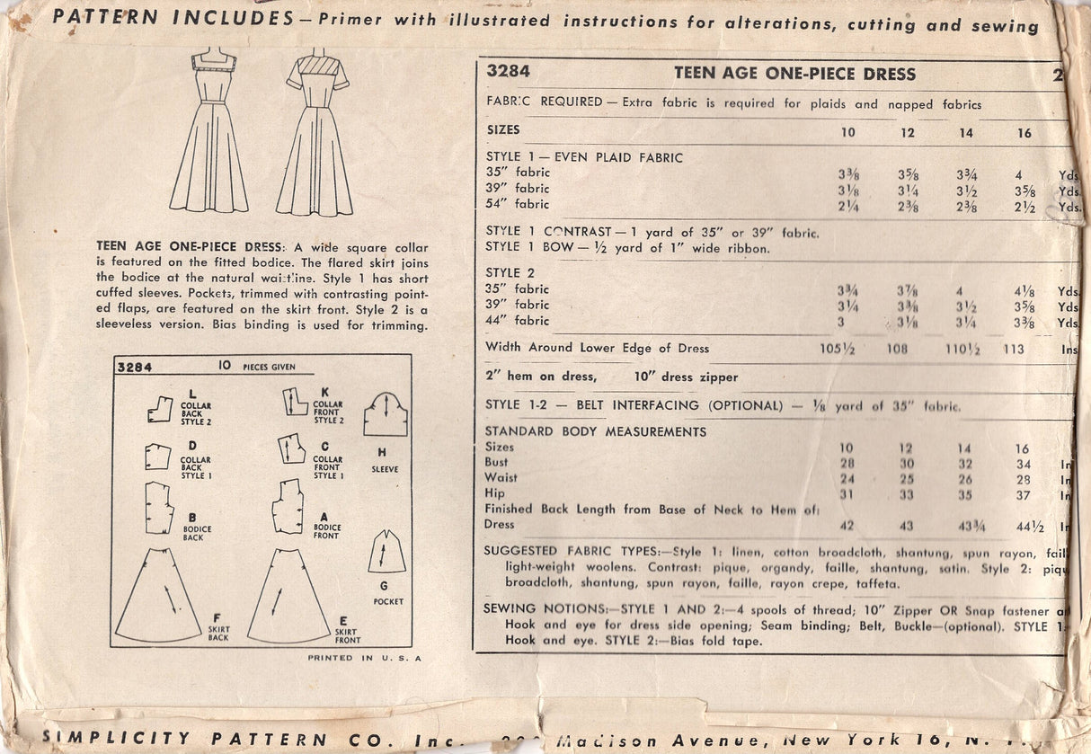 1950's Simplicity One Piece Fit and Flare Dress with Square or Scoop Neckline with Large Collar and Large Pockets - Bust 30" - No. 3284