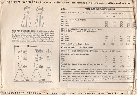 1950's Simplicity One Piece Fit and Flare Dress with Square or Scoop Neckline with Large Collar and Large Pockets - Bust 30" - No. 3284