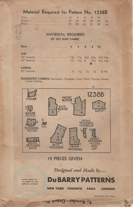 1930's DuBarry Child's Button Up Shirt and Shorts Pattern - Chest  26" - No.1238B