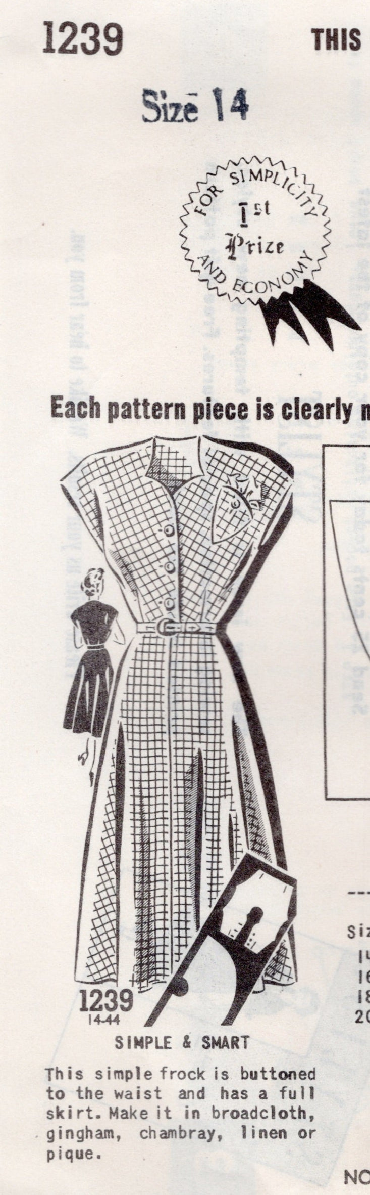 1940's Mail Order Shirtwaist Day Dress Pattern - Bust 34" - No. 1239