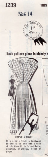 1940's Mail Order Shirtwaist Day Dress Pattern - Bust 34" - No. 1239