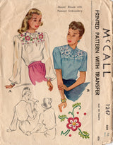 1940's McCall's Yoked Blouse Pattern with embroidery transfer - Bust 34" - No. 1247