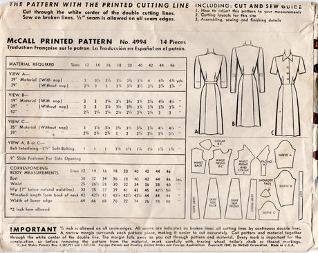 1940's McCall's Shirtwaist Dress Pattern with Two Collar Styles - Bust 36" - No. 4994