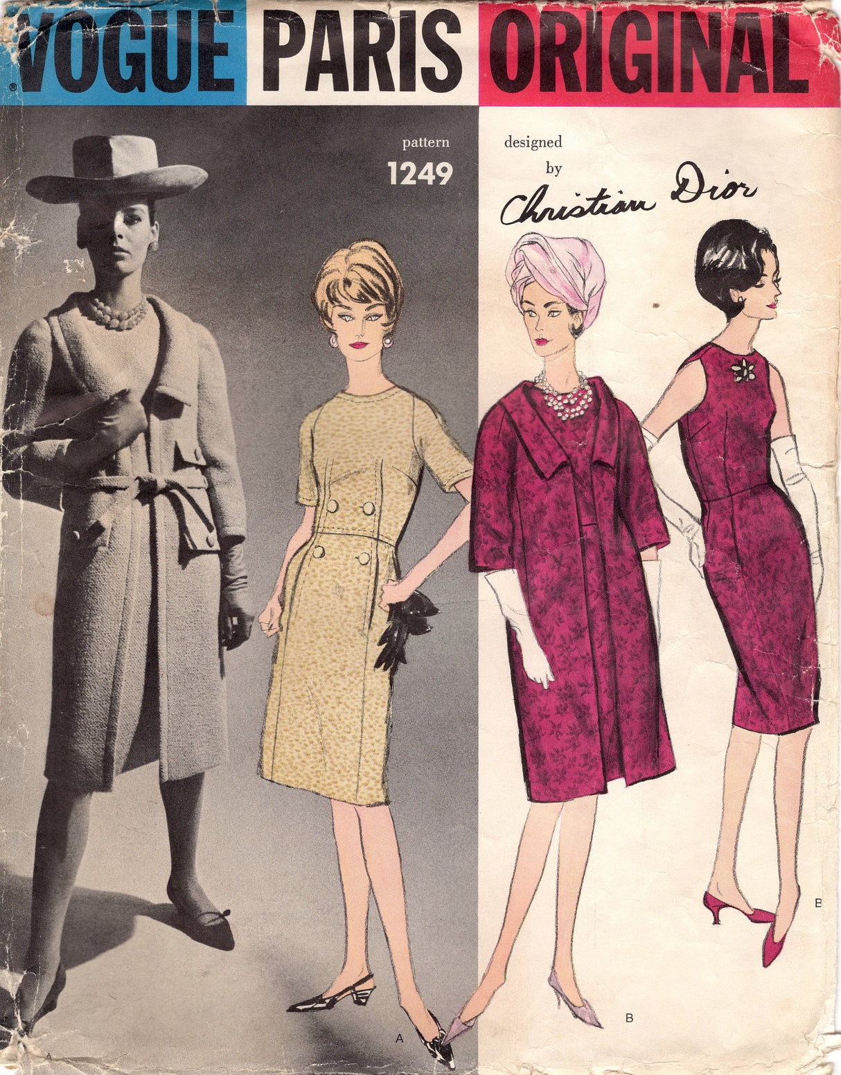 1960's Vogue Paris Original One Piece Sheath Dress and Coat Pattern - Christian Dior - Bust 36" - No. 1249