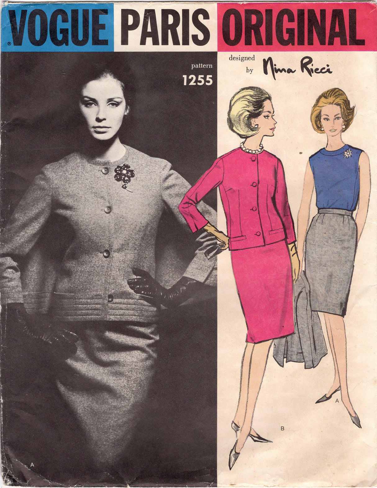 1960's Vogue Paris Original Two Piece Suit with Optional Cape Back - Nina Ricci - Bust 32" - No. 1255