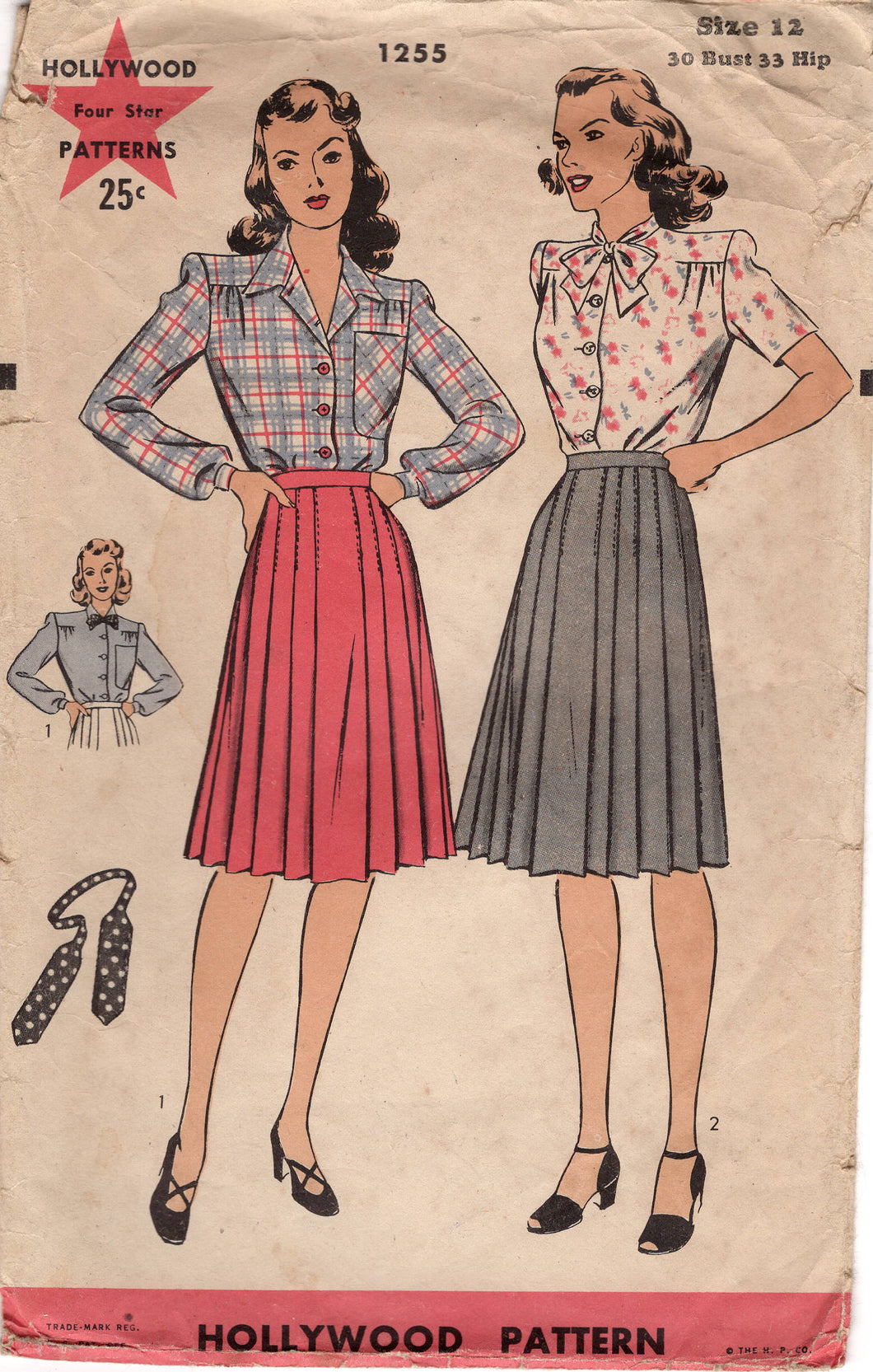 1940's Hollywood Gathered Bust Blouse, Bow Tie and Pleated Skirt Pattern - Bust 32