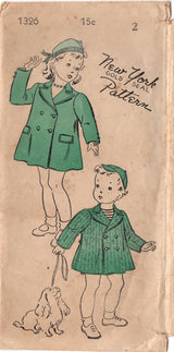 1940's New York Child's Double Breasted Coat and Hat Pattern - Chest 21" - No. 1326