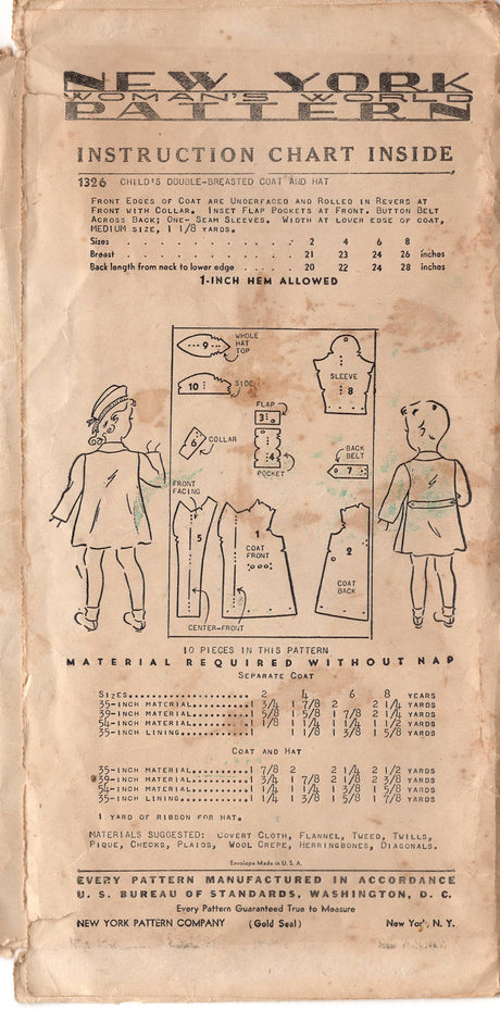 1940's New York Child's Double Breasted Coat and Hat Pattern - Chest 21" - No. 1326