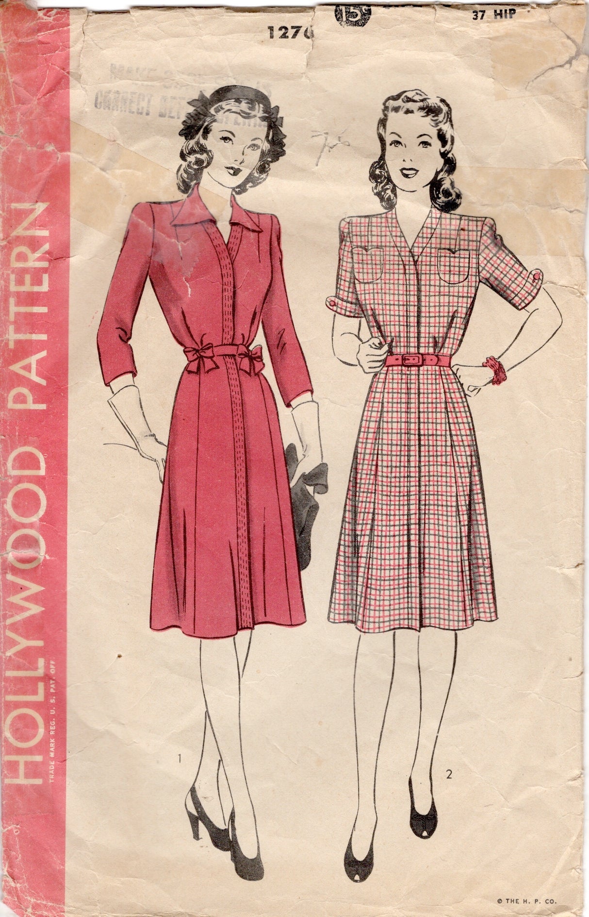 1940’s Hollywood One-Piece Dress with Front Fly Closing and Bow Accents Pattern - Bust 34” -  No.1276