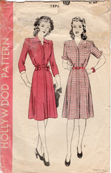 1940’s Hollywood One-Piece Dress with Front Fly Closing and Bow Accents Pattern - Bust 34” -  No.1276