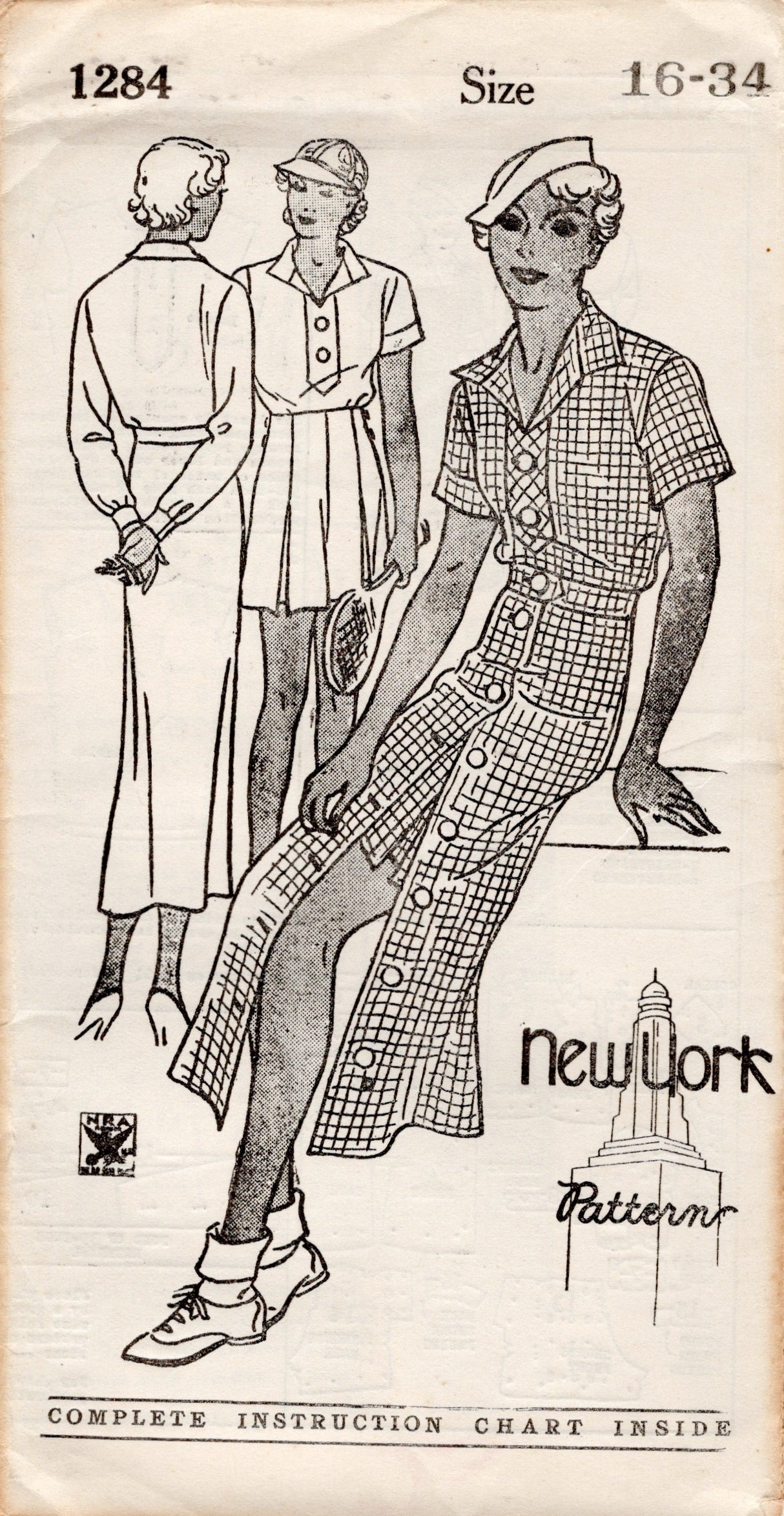 1930's New York Sports Set Pattern with Blouse, Button Up Skirt and Shorts - Bust 34" - No. 1284