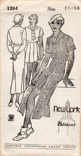 1930's New York Sports Set Pattern with Blouse, Button Up Skirt and Shorts - Bust 34" - No. 1284