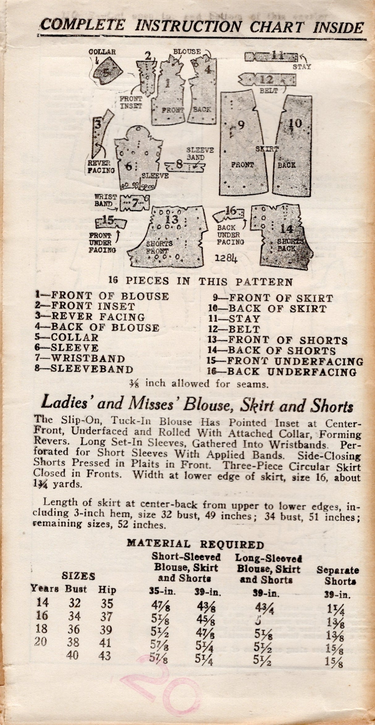 1930's New York Sports Set Pattern with Blouse, Button Up Skirt and Shorts - Bust 34" - No. 1284