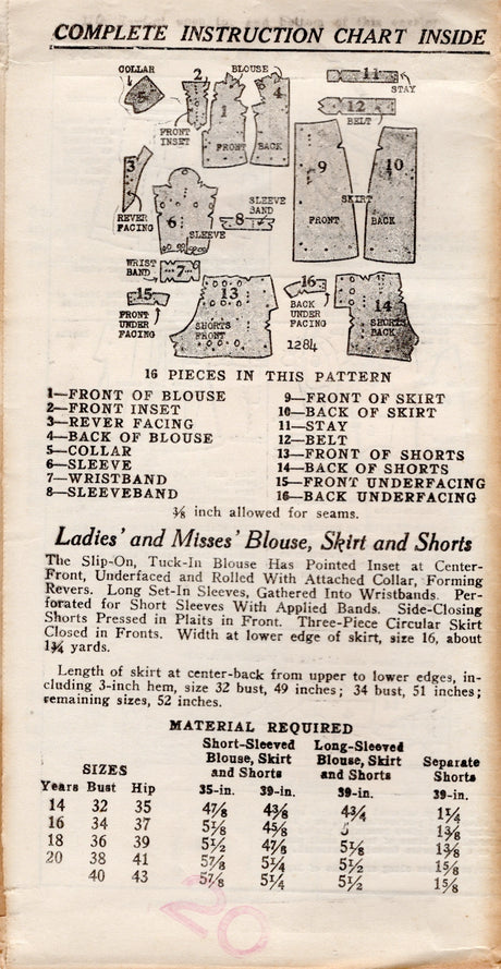 1930's New York Sports Set Pattern with Blouse, Button Up Skirt and Shorts - Bust 34" - No. 1284