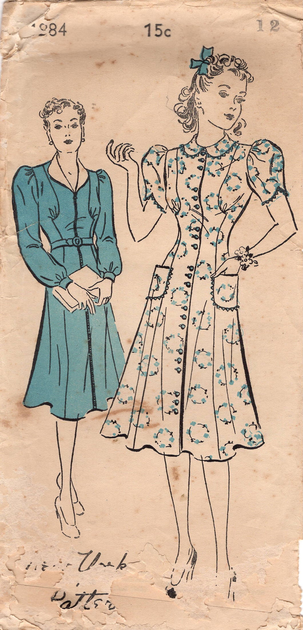 1930's New York Triple Button Day Dress with Gathered Bust and Pockets - Bust 30