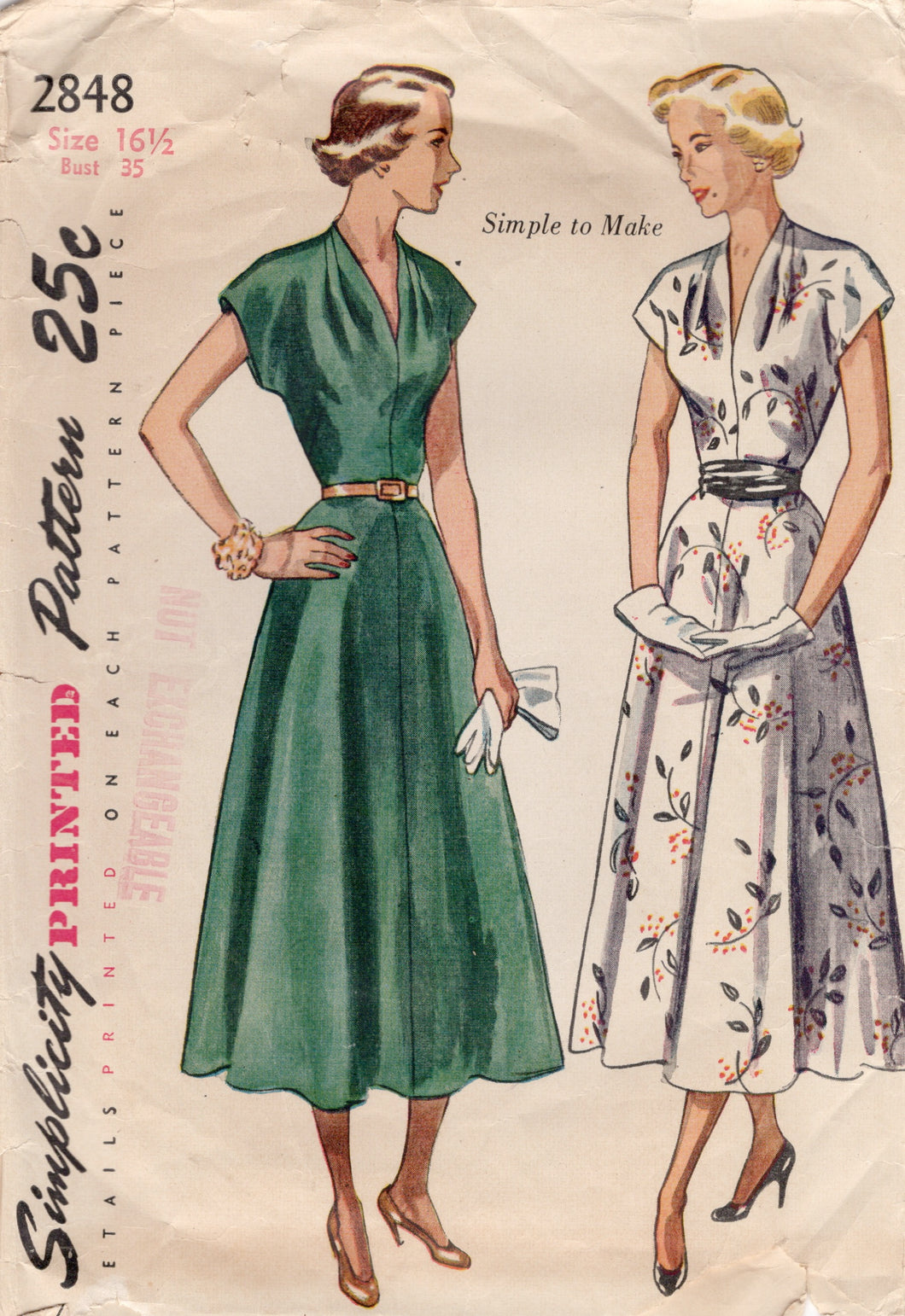 1940's Simplicity One Piece Dress Pattern with Tucked Shoulders and A-line Skirt - Bust 35