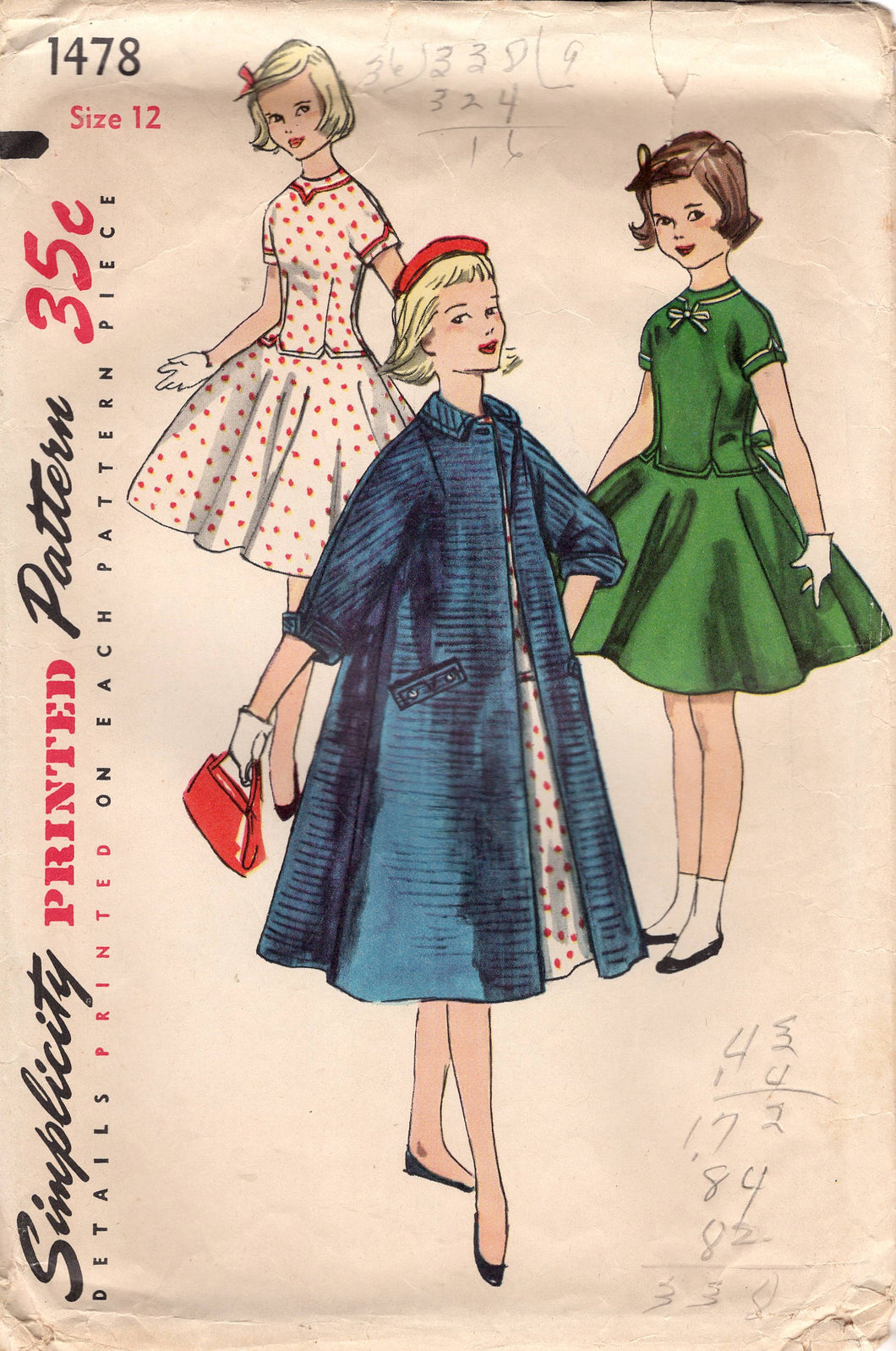 1950's Simplicity Child's One Piece Drop Waist Dress with Full skirt and Swing Coat pattern - Chest 30