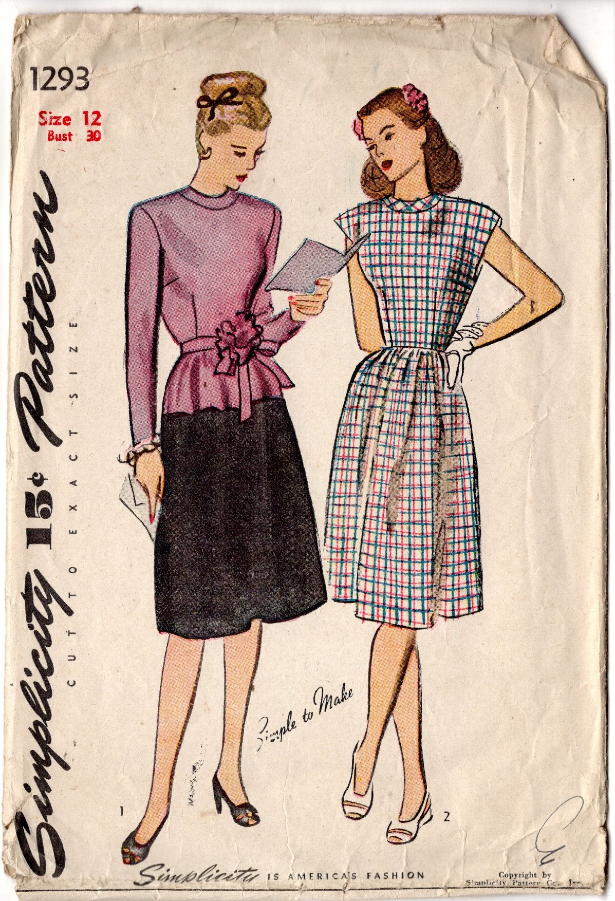 1940's Simplicity One-Piece Dress Pattern with contrast skirt yoke and Long Sleeves or Sleeveless- Bust 30" - No. 1293