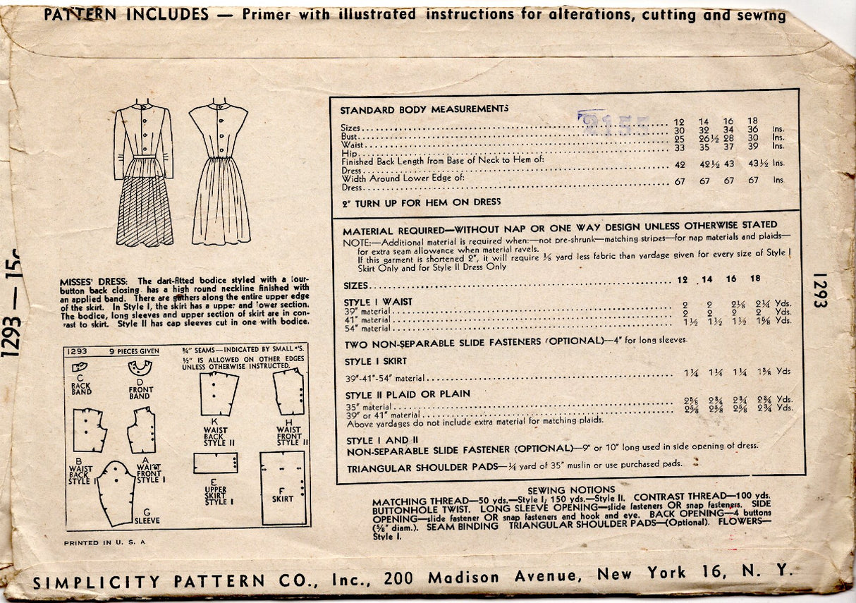 1940's Simplicity One-Piece Dress Pattern with contrast skirt yoke and Long Sleeves or Sleeveless- Bust 30" - No. 1293