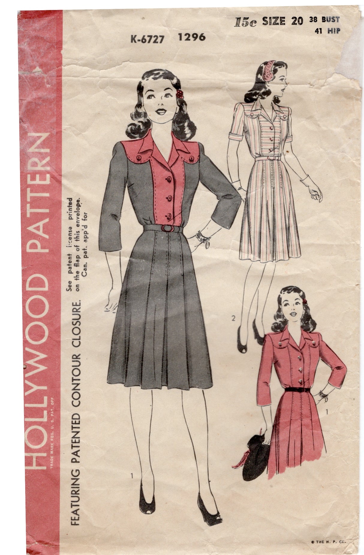 1940's Hollywood One Piece Dress Pattern with Large Yokes - Bust 38" - No. 1296