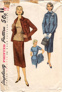 1950's Simplicity Three Piece Boxy Suit Dress Pattern with Fitted Overblouse - Bust 32" - No. 1310