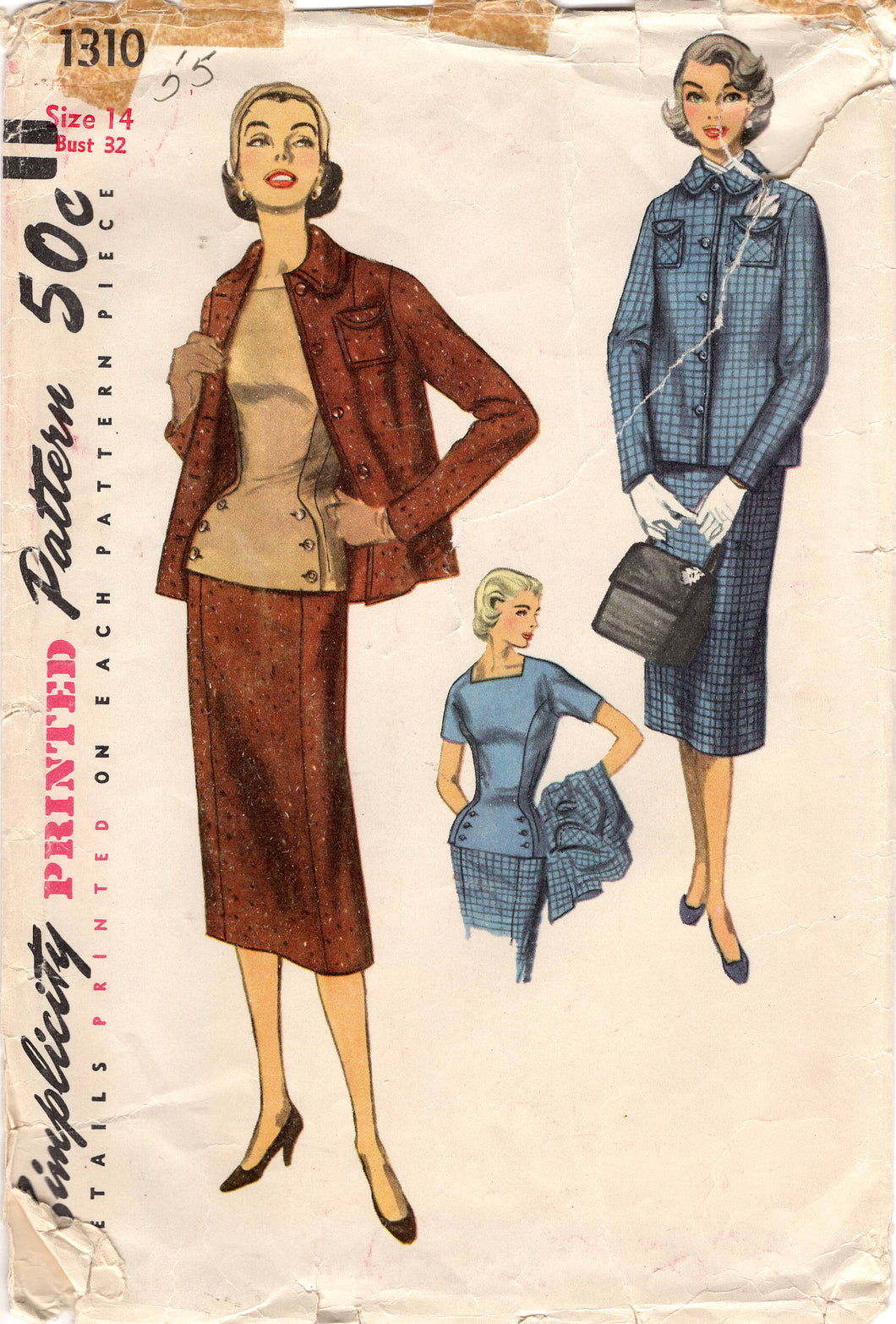1950's Simplicity Three Piece Boxy Suit Dress Pattern with Fitted Overblouse - Bust 32