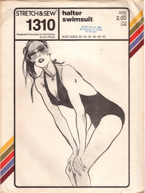 1980's Stretch & Sew One Piece Halter Swimsuit Pattern with V Neck - Bust 30-40