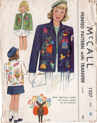 1940's McCall Child's Mexican Tourist Jacket pattern with embroidery transfer - Chest 32