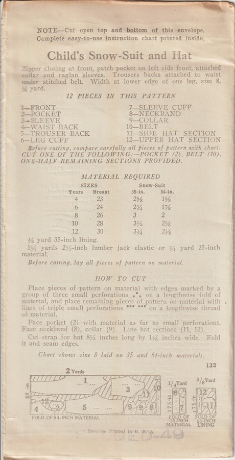 1930's New York Children's Snow Suit and Hat Pattern - Chest 24" - No. 133