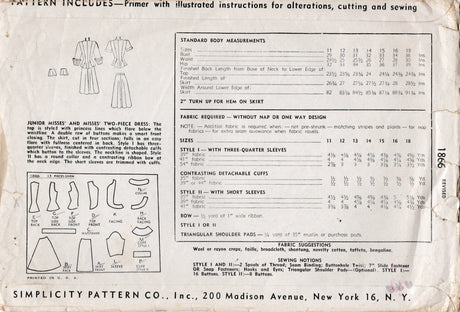 1940's Simplicity Two Piece Double Breasted Dress Pattern - Bust 34" - No. 1866